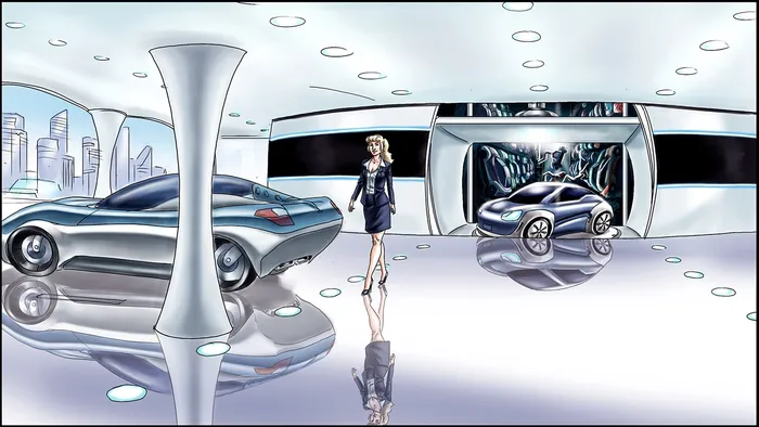 Graphic illustration of car showroom
