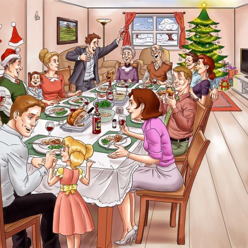 Drawing of whole family enjoying meal together