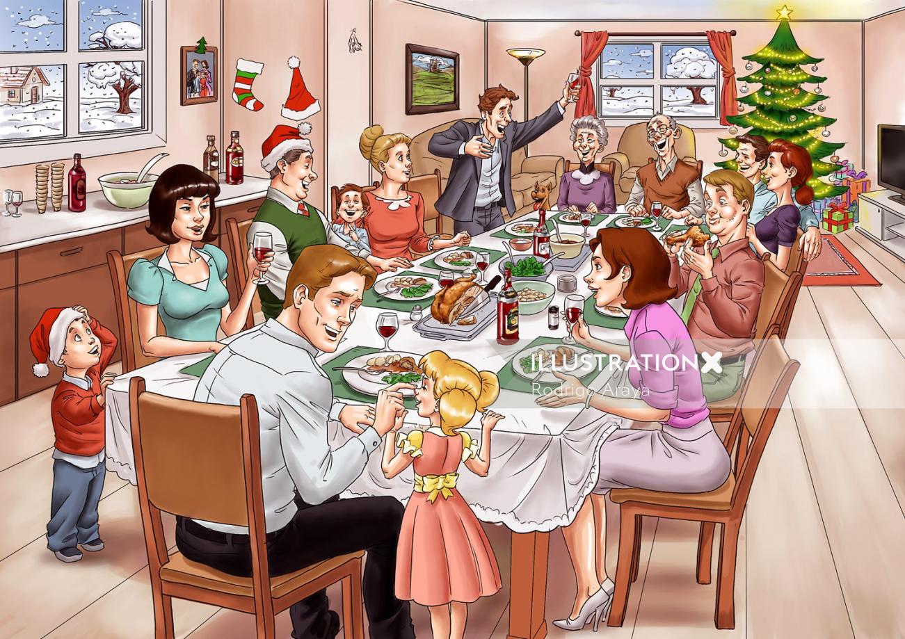 Desenho de família inteira, aproveitando a refeição juntos