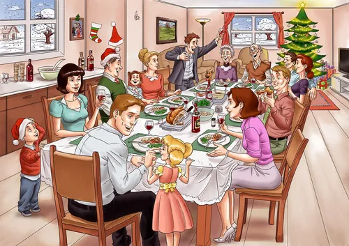 Drawing of whole family enjoying meal together