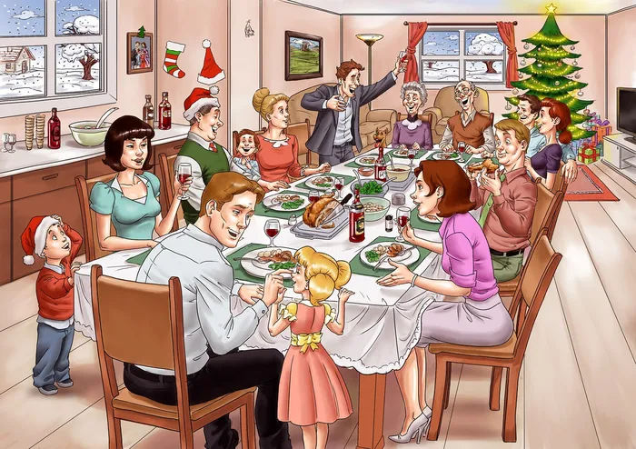 Drawing of whole family enjoying meal together