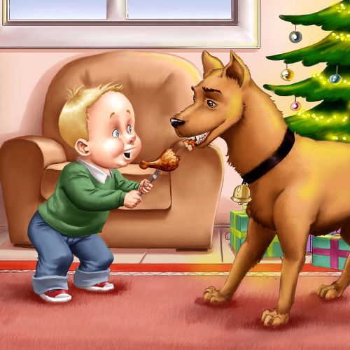 Cartoon illustration of boy feeding dog
