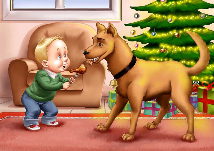 Cartoon illustration of boy feeding dog
