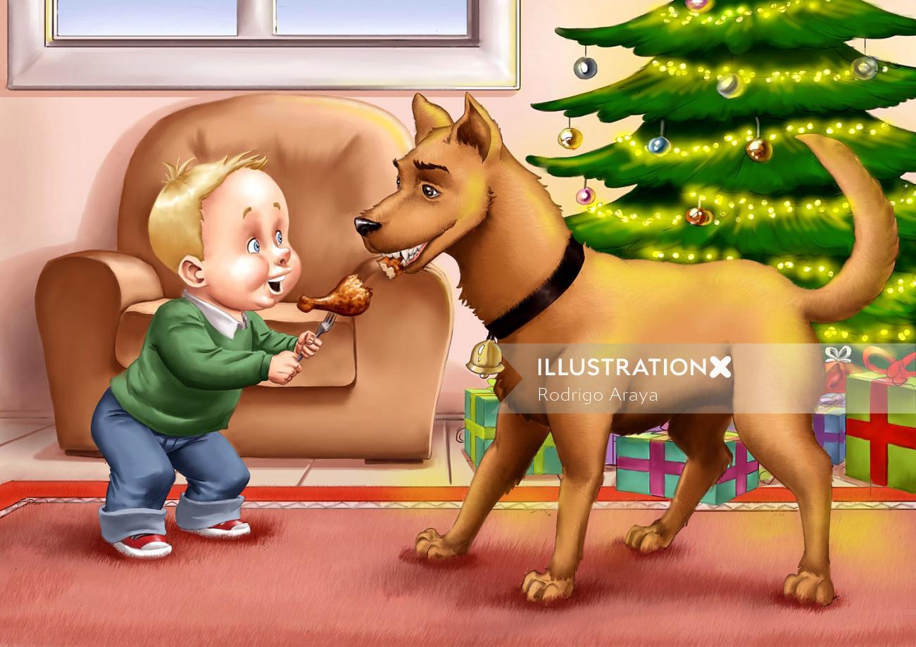 Ilustração dos desenhos animados de menino alimentando cachorro