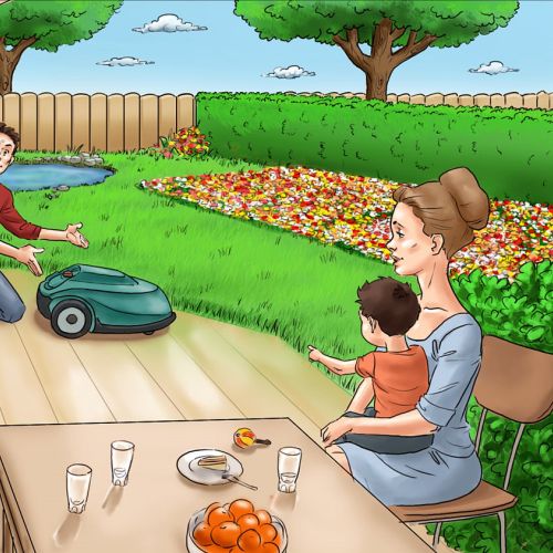Graphic illustration of family playing in lawn
