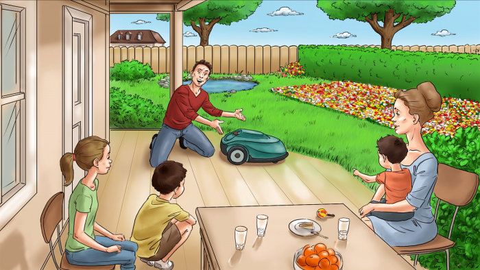 Graphic illustration of family playing in lawn
