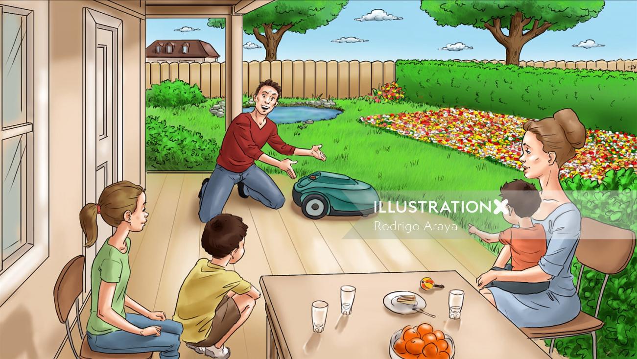 Illustration graphique de la famille jouant dans la pelouse