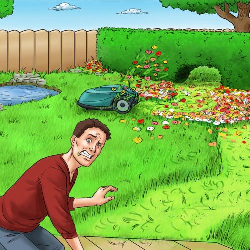 Cartoon of a stressed man with spoilt lawn
