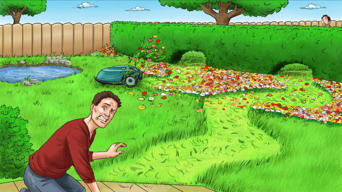 Cartoon of a stressed man with spoilt lawn
