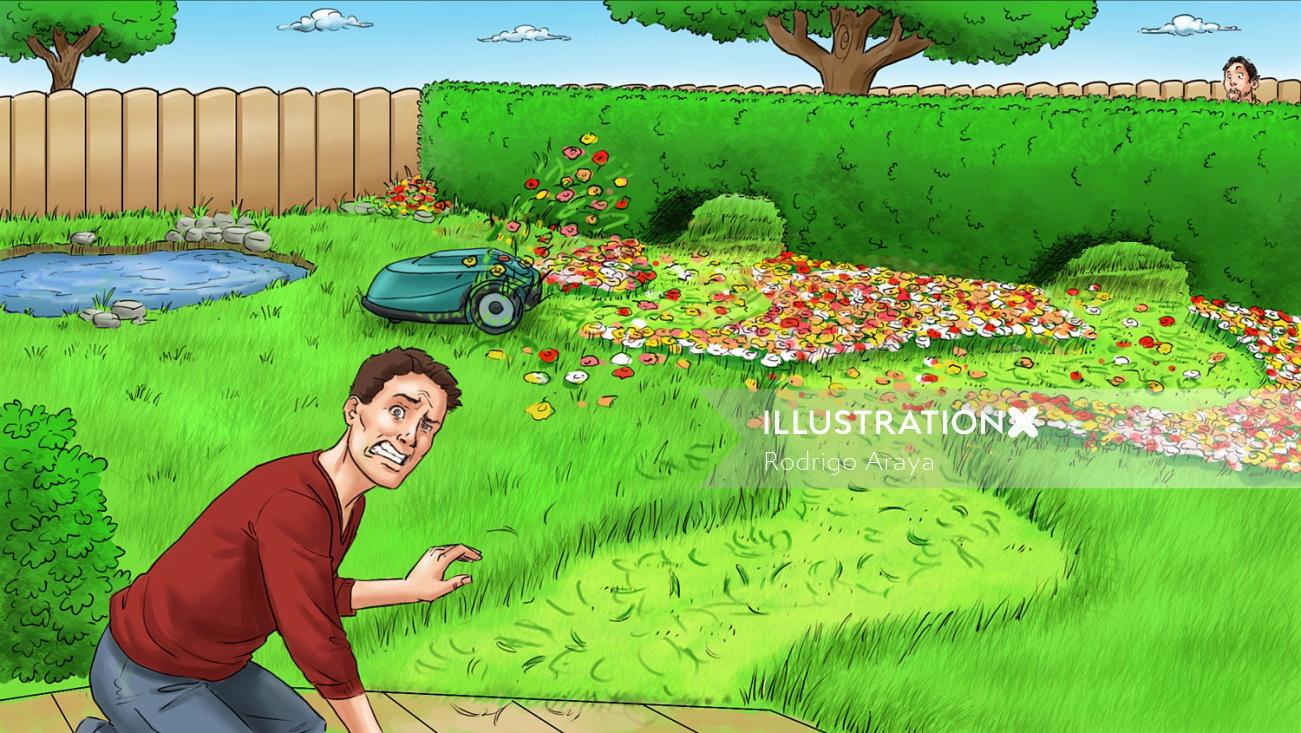 Caricature d&#39;un homme stressé avec pelouse gâtée