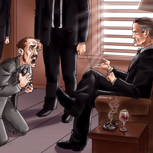 Comic scene of man begging to mafia