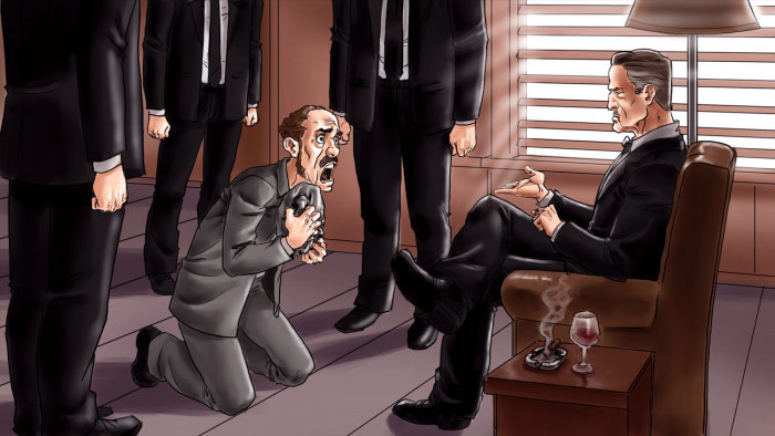Scène comique d&#39;un homme suppliant la mafia