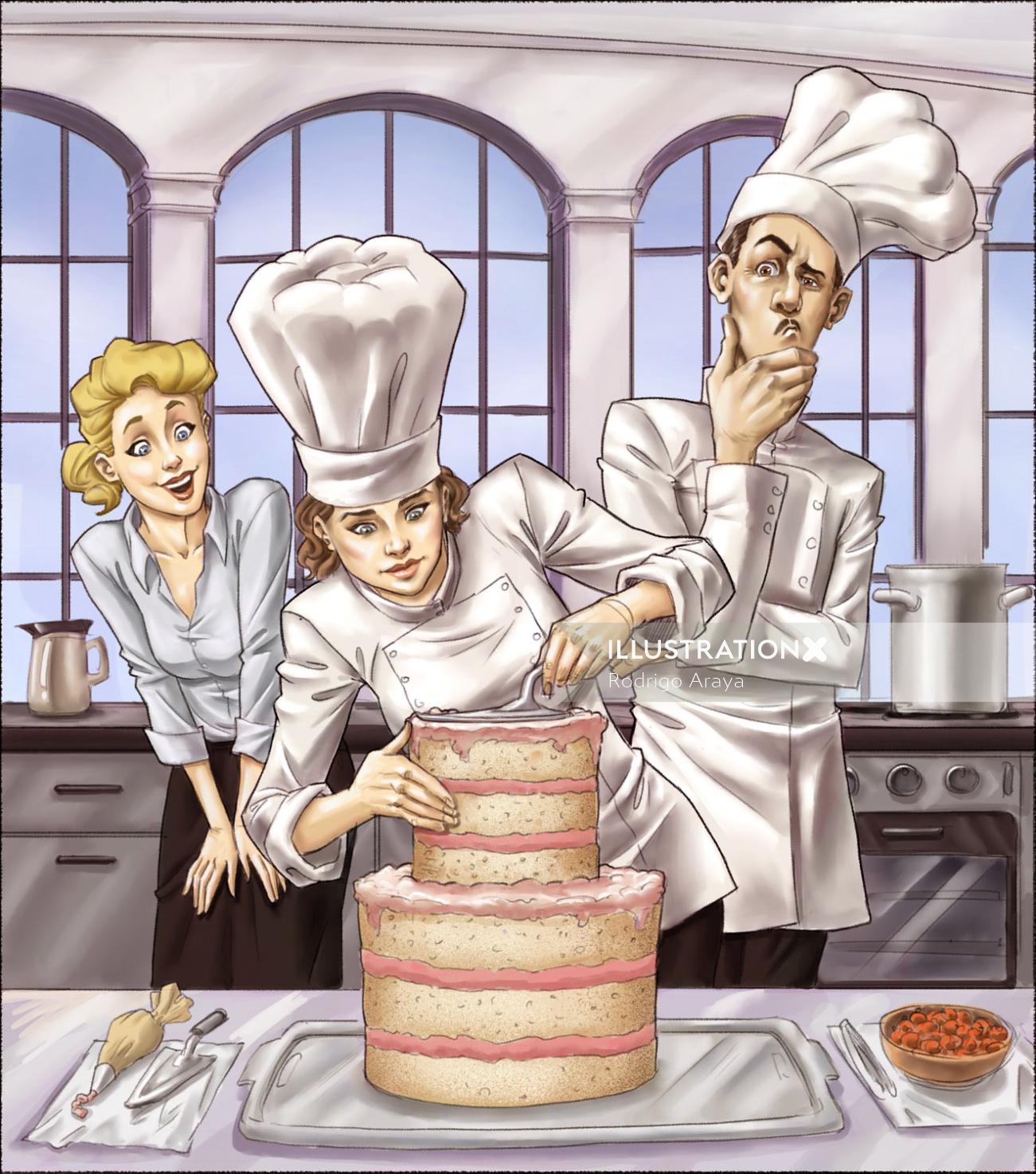Storyboard do chef preparando bolo