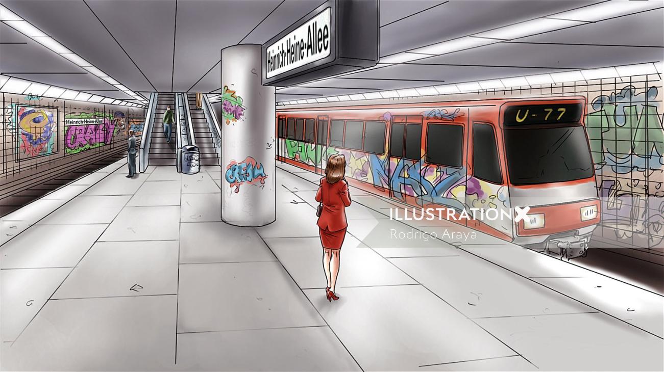 地下鉄の地下鉄の女性の絵コンテ