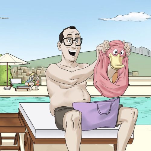 Storyboard of couple at swimming pool
