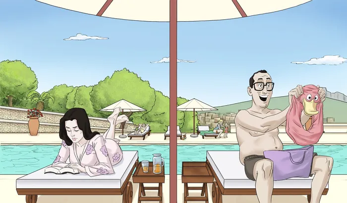 Storyboard of couple at swimming pool
