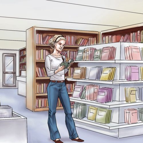 Graphic storyboard of woman in library
