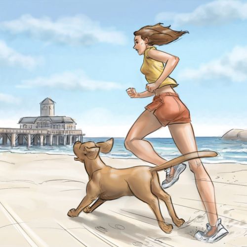 Graphic art of woman with dog in beach
