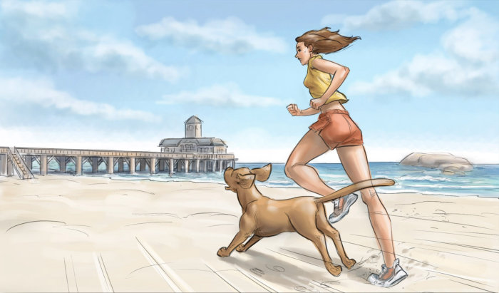 Graphic art of woman with dog in beach

