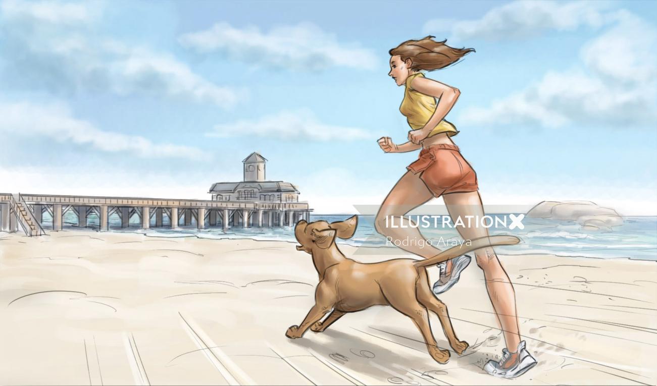 Art graphique de femme avec chien à la plage