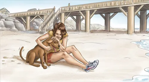 Woman playing in beach with dog
