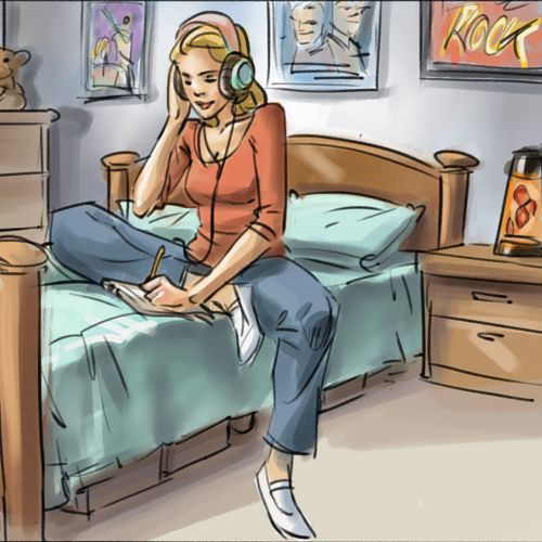 Graphic illustration of woman with headphones
