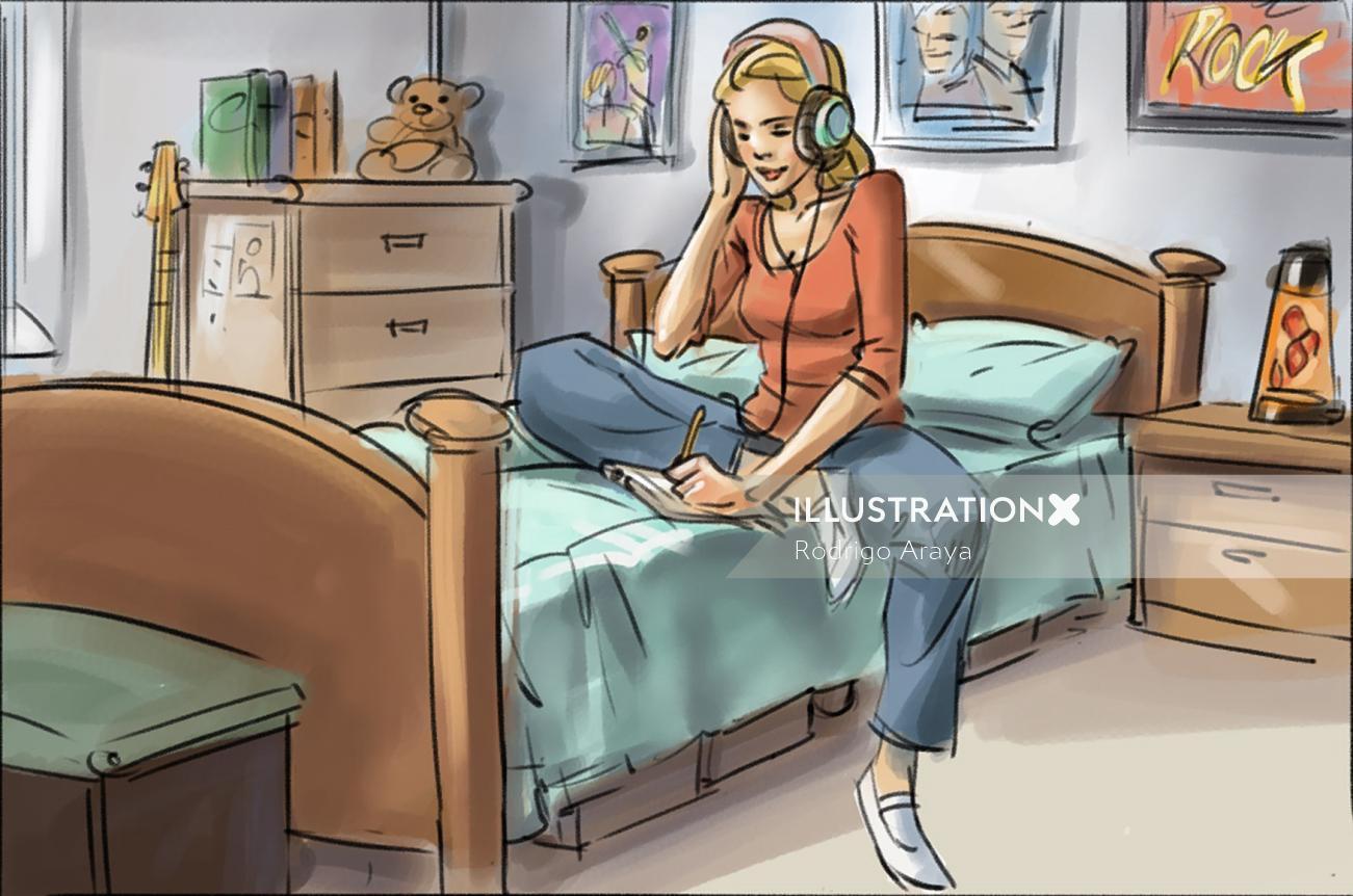 Ilustração gráfica de mulher com fones de ouvido