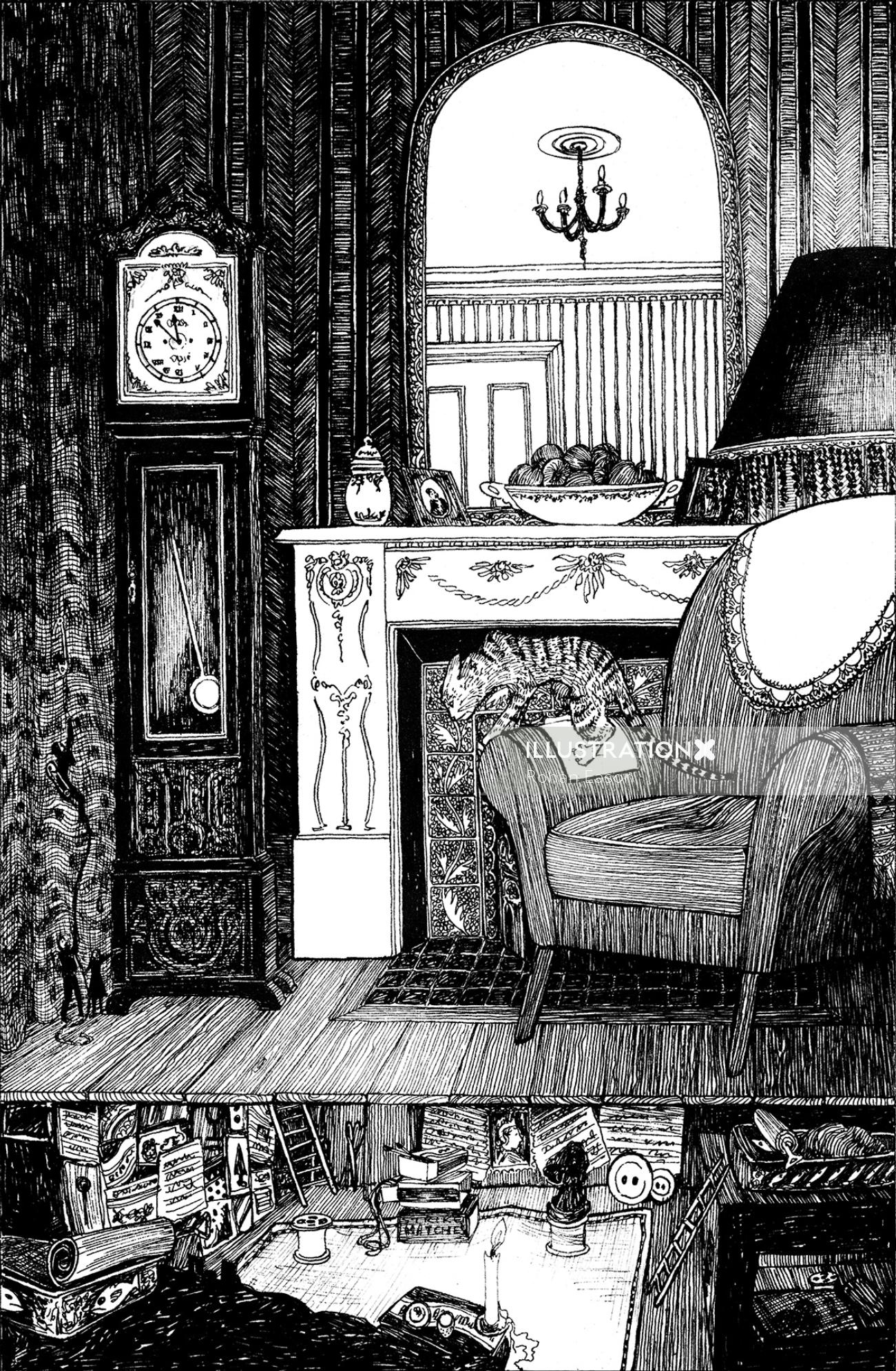 Black and white illustration of living room