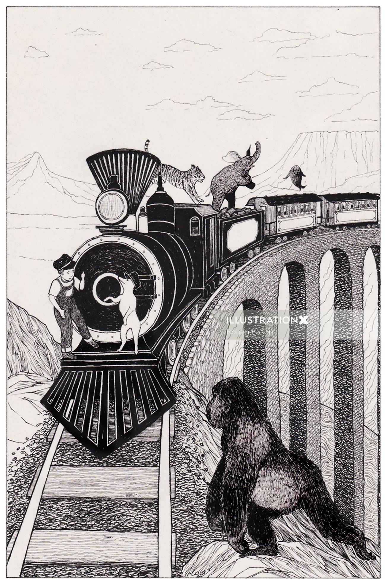 RohanEasonによる移動中の電車で遊ぶ子供と動物
