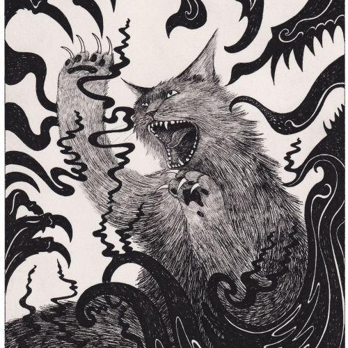 Black & white drawing of horror cat