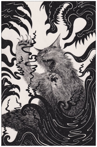 Desenho em preto e branco de gato de terror