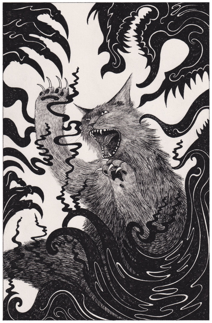 Black & white drawing of horror cat