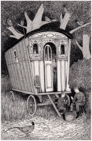 Ilustração em preto e branco de um carrinho
