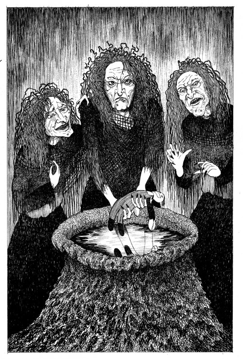 Black & white sketch of three female monsters