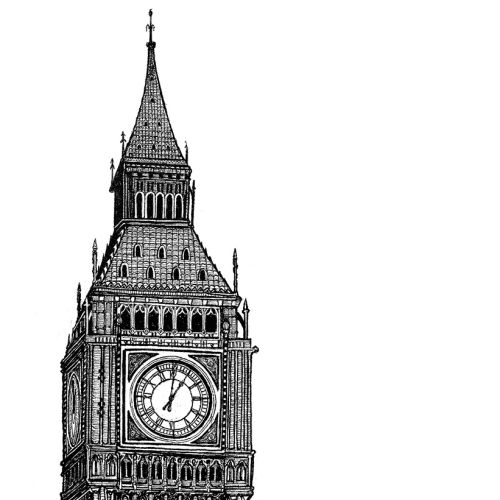 Black and white illustration of clock tower