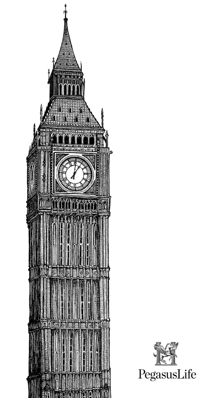 Black and white illustration of clock tower