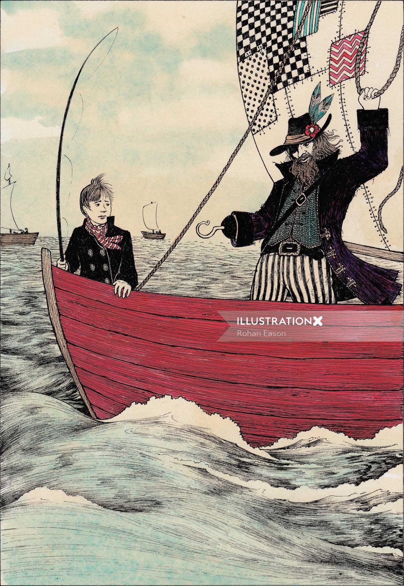 Children book pirate in the boat