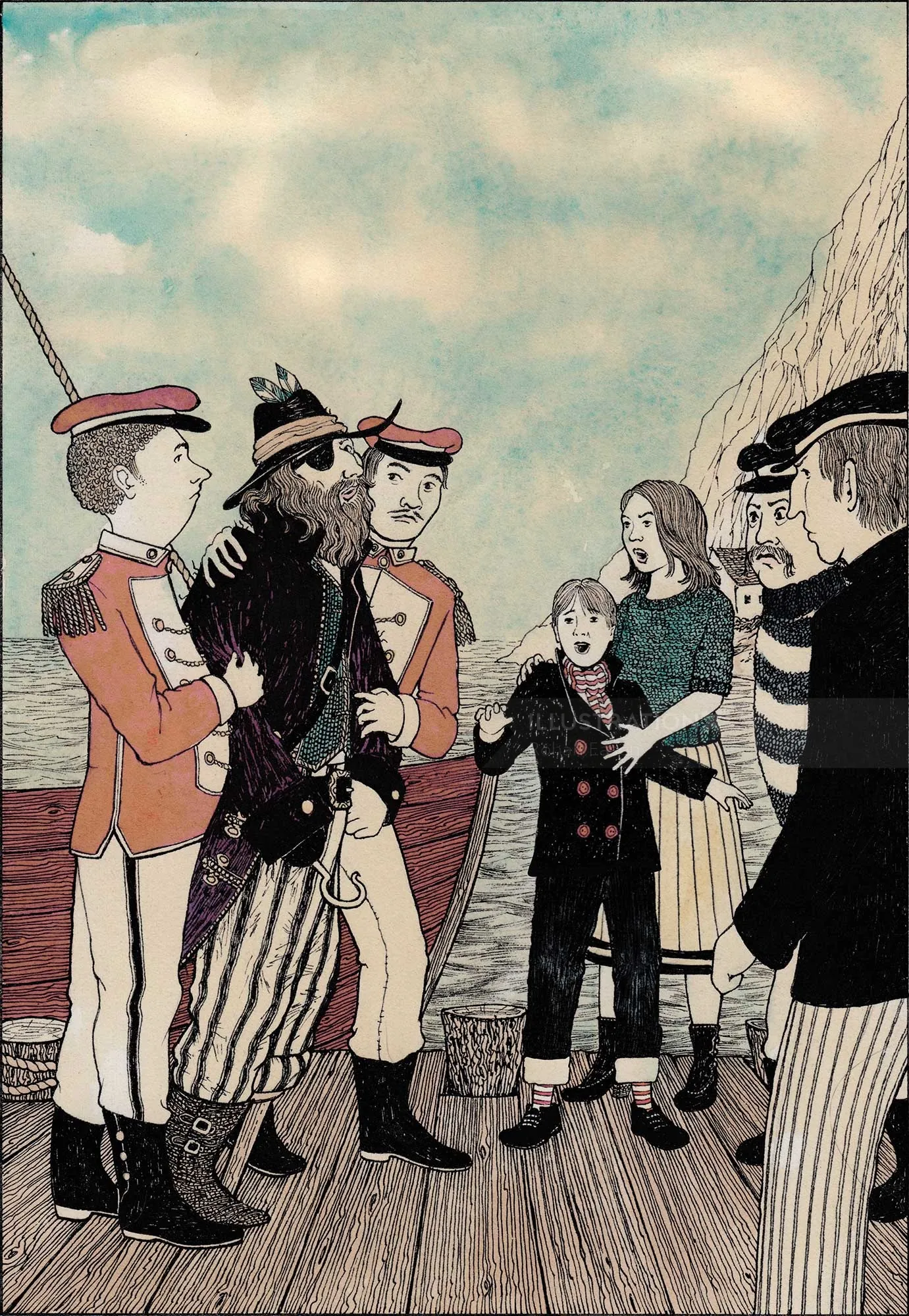 Children meeting pirates on a ship deck by Rohan Eason