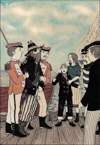 Children meeting pirates on a ship deck by Rohan Eason