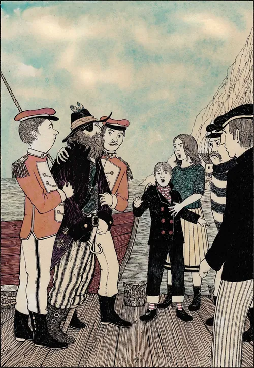 Children meeting pirates on a ship deck by Rohan Eason