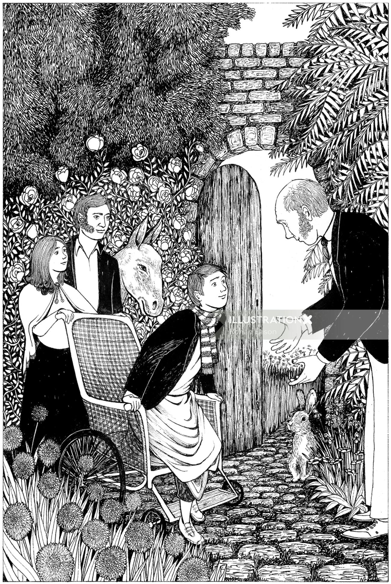 Black and white illustration of The secret garden