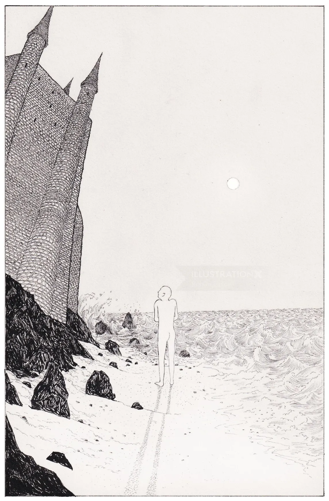 Black and white illustration of figure walking on rocky shore by castle, by Rohan Eason