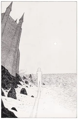Black and white illustration of figure walking on rocky shore by castle, by Rohan Eason