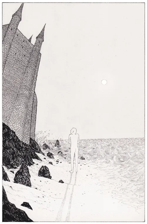 Black and white illustration of figure walking on rocky shore by castle, by Rohan Eason