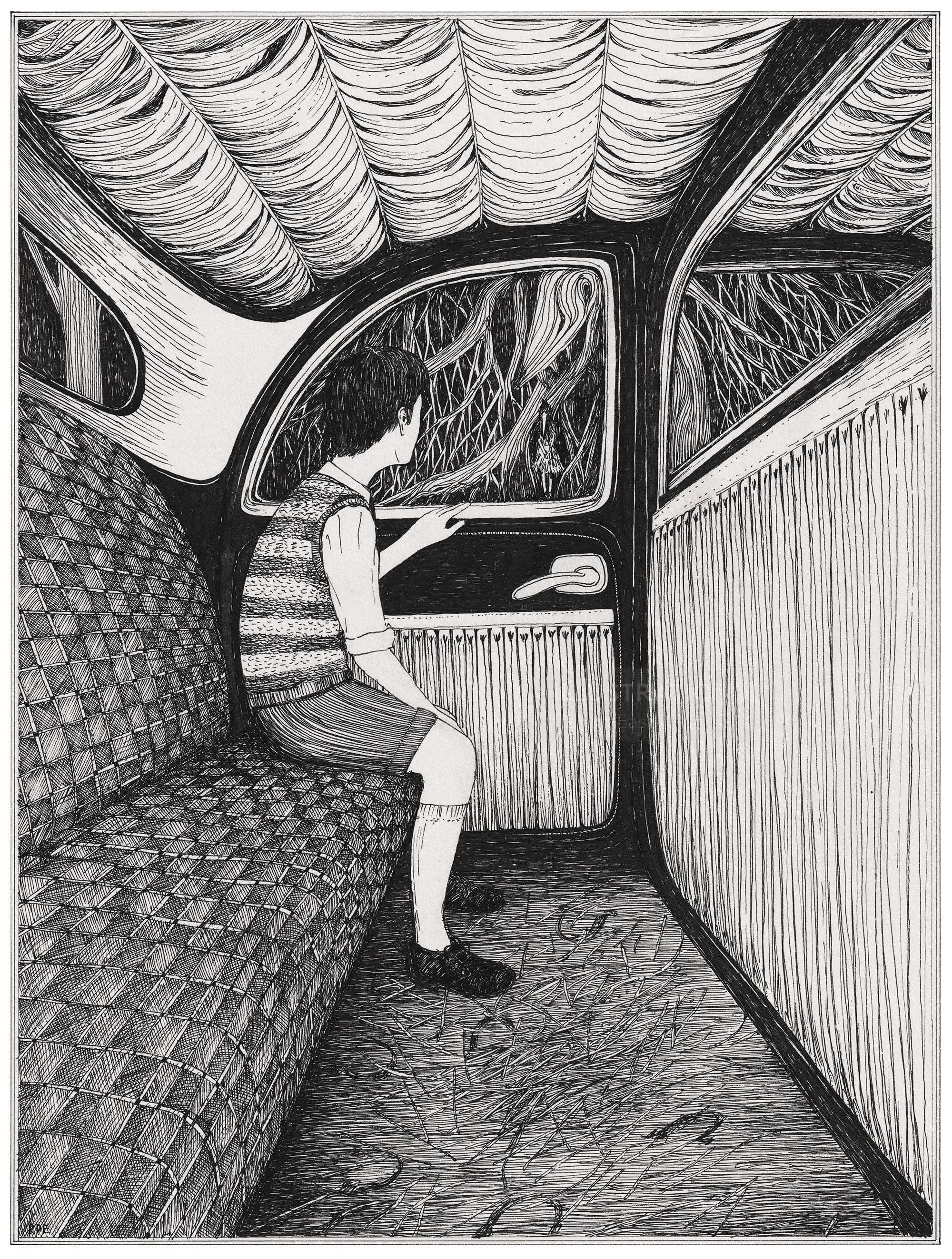 Black and white illustration of a child sitting inside a taxi cabin by Rohan Eason