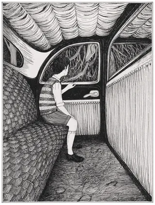 Black and white illustration of a child sitting inside a taxi cabin by Rohan Eason