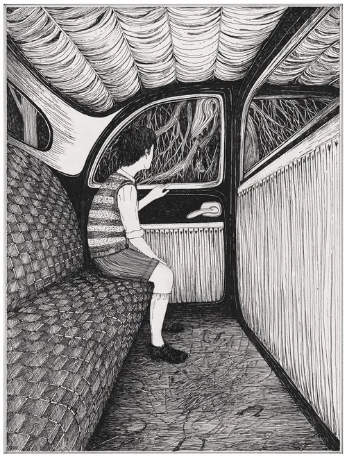 Black and white illustration of a child sitting inside a taxi cabin by Rohan Eason