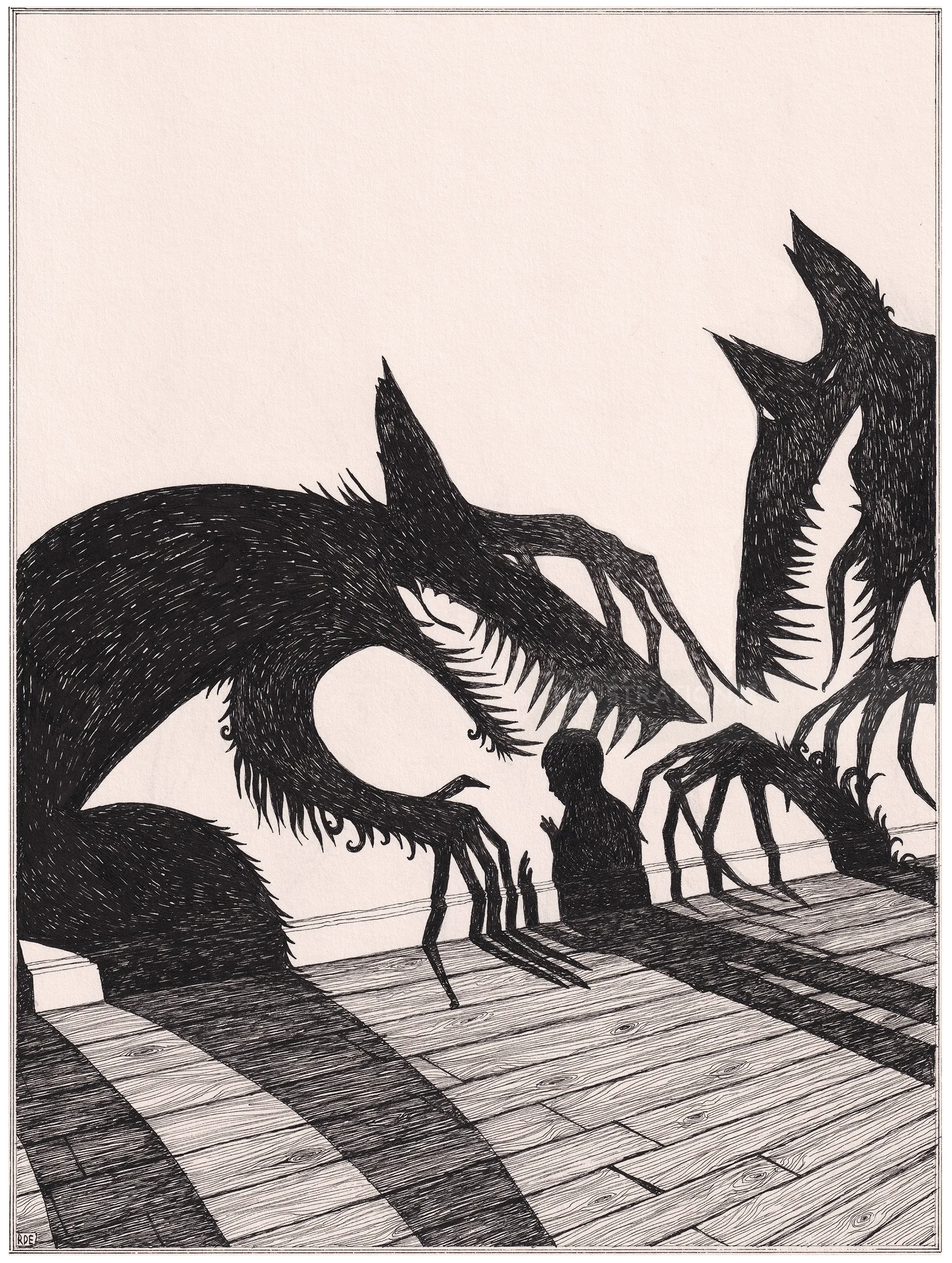 Silhouettes of shadowy creatures and a child with shadows by Rohan Eason