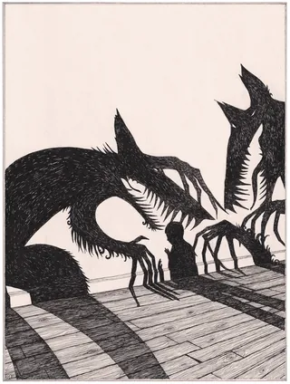 Silhouettes of shadowy creatures and a child with shadows by Rohan Eason