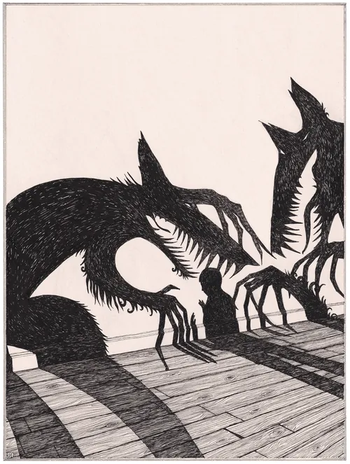 Silhouettes of shadowy creatures and a child with shadows by Rohan Eason